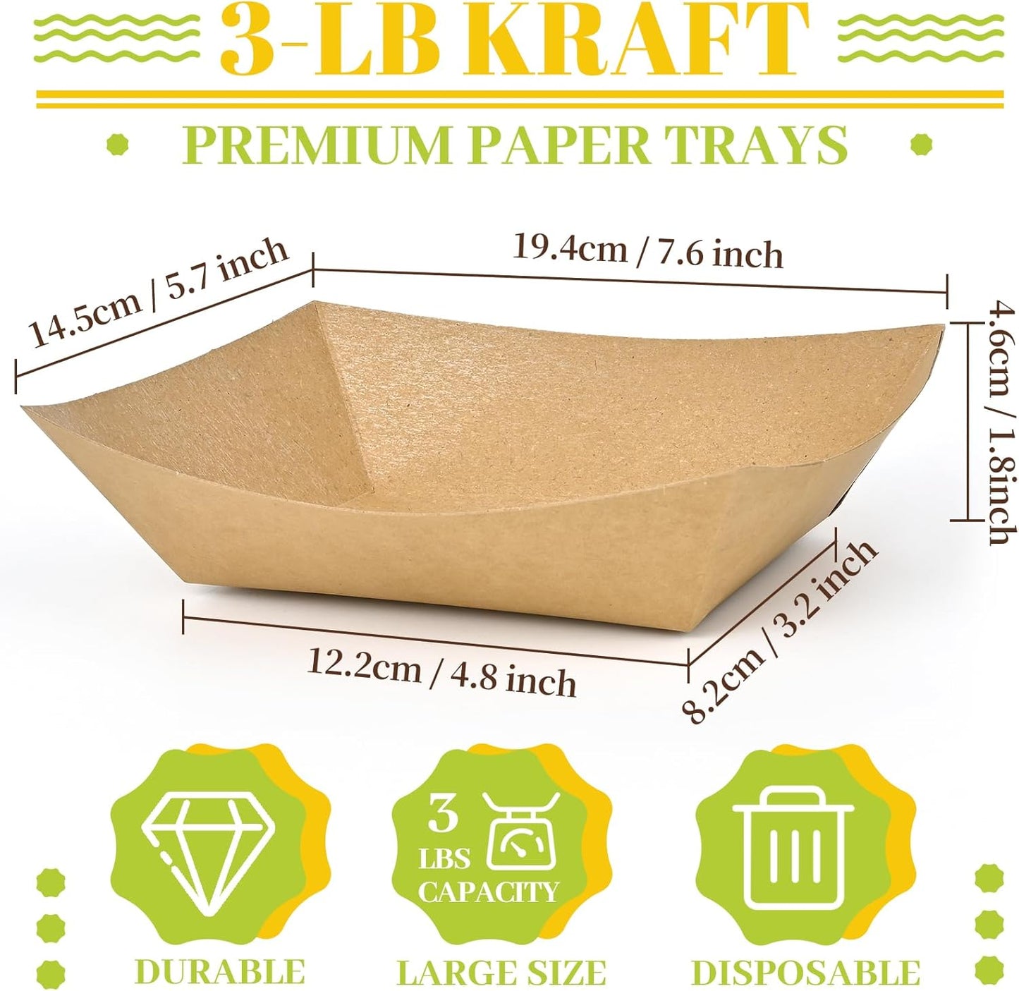 Ocmoiy 3lb Paper Food Trays, 100 Pack Heavy Duty Food Boats Holders Disposable Serving Basket Trays for Nachos, Tacos, Fries, Hot Dog, Corn, BBQ, Festivals, Party