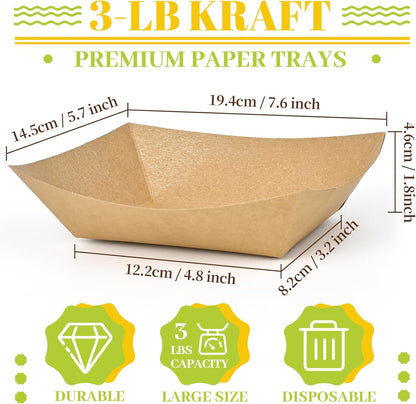 Ocmoiy 3lb Paper Food Trays, 50 Pack Heavy Duty Kraft Food Boats Holders Disposable Serving Basket Trays for Nachos, Tacos, Fries, Hot Dog, Corn, BBQ, Festivals, Party