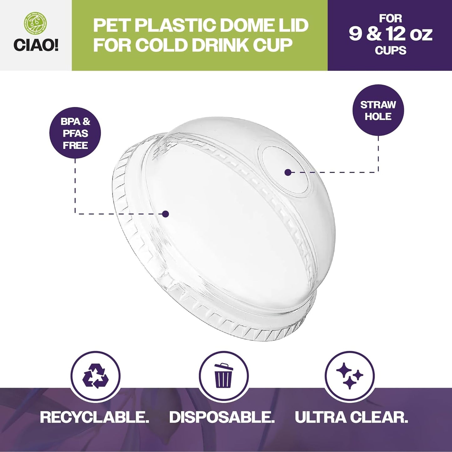 CIAO! PET Dome Lid with Straw Hole, Designed and Fit for 9OZ/12OZ PET Cold Drink Cups Only, 92mm (Case of 1,000)