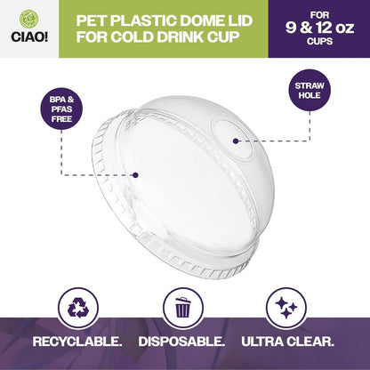 CIAO! PET Dome Lid with Straw Hole, Designed and Fit for 9OZ/12OZ PET Cold Drink Cups Only, 92mm (Case of 1,000)