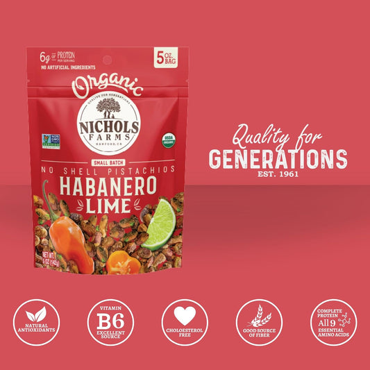 Nichols Farms Roasted with Sea Salt No Shell Pistachios, Kosher, USDA Certified Organic, Non-GMO, 6 Oz (Pack of 3)