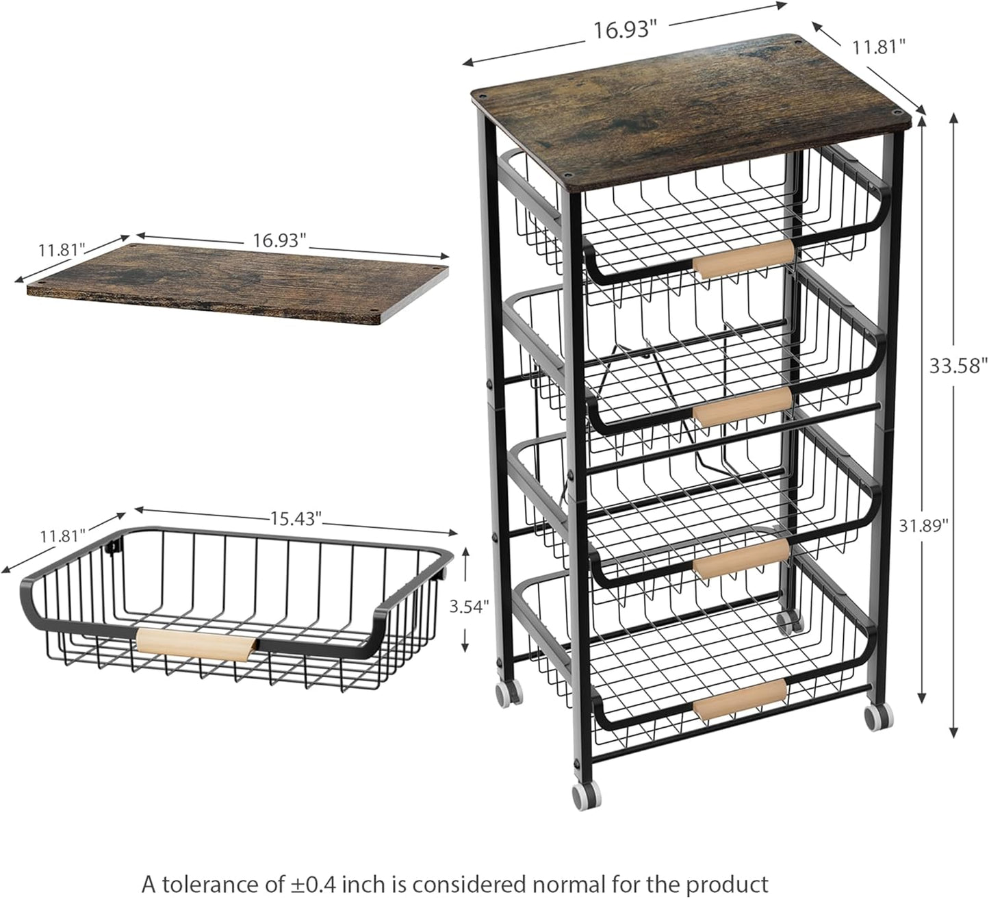 JAQ Fruit Basket for Kitchen, 5-Tier Slide Out Storage Baskets Carts Organizers Drawers with Wood Top Table with Rolling Wheels for Snacks Vegetables Vianderos para Cocina Modernos (Black, 5 Layer)