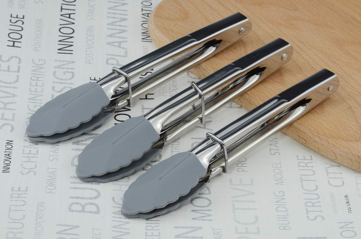 Silicone Utility Tong Kitchen Tongs 7 Inch Metal Salad Tongs, Set of 3 (Gray)