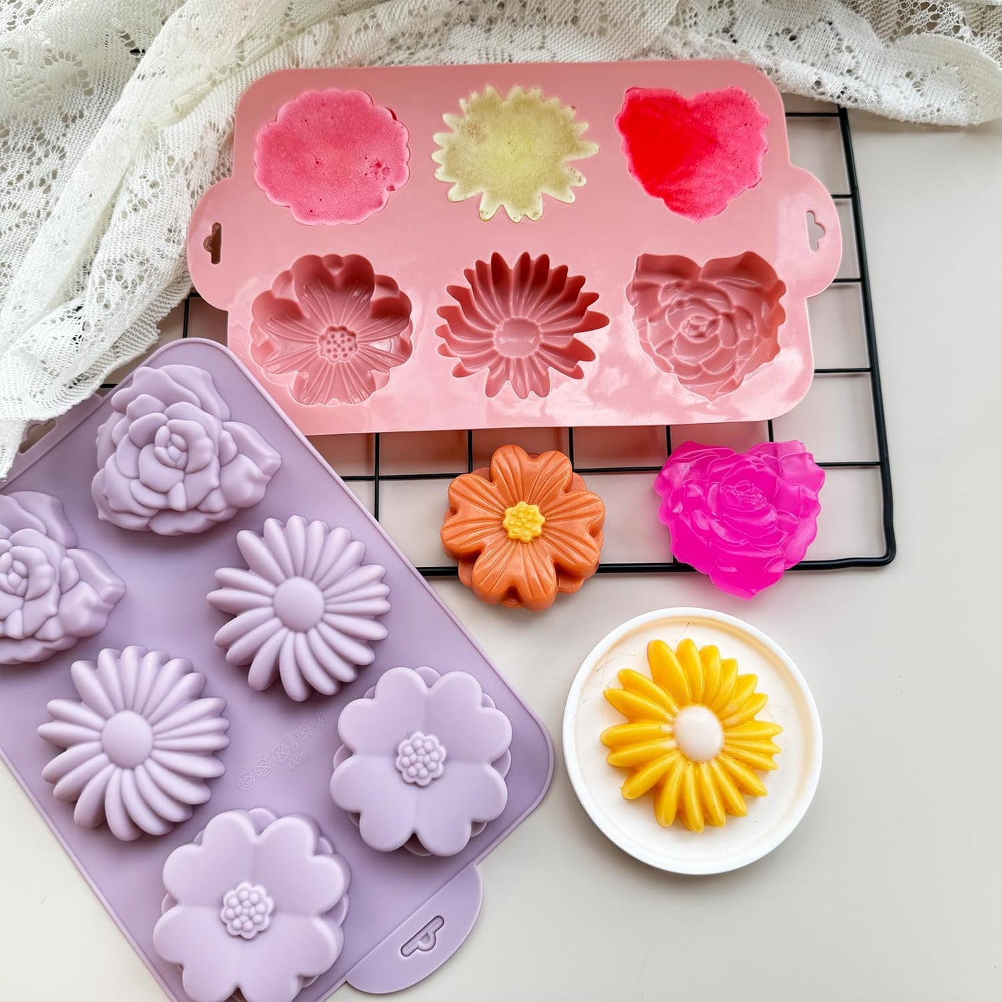 2 Pack Flower Cake Silicone Mold for Baking, 6 Cavity 3D Daisy Flower Cake Pans Rose Chocolate Mold Jello Molds for Making Mousse Mini Cake Cheesecake Soap Jelly Pudding Brownies Muffins