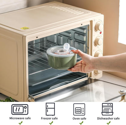 Ceramic Bowl with Lid: 20 oz Microwave Safe Food Storage Container for Soup, Salad, Cereal, Leftovers, Meal Prep, Lunch, Picnic, Camping, Serving - Airtight, Green, 1 PCS