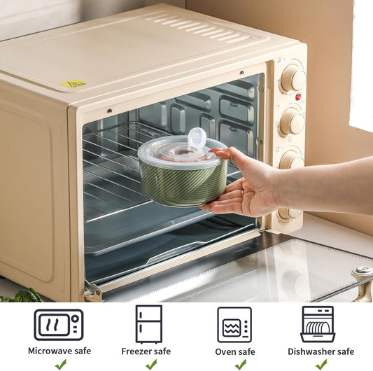 Ceramic Bowl with Lid: 20 oz Microwave Safe Food Storage Container for Soup, Salad, Cereal, Leftovers, Meal Prep, Lunch, Picnic, Camping, Serving - Airtight, Green, 1 PCS