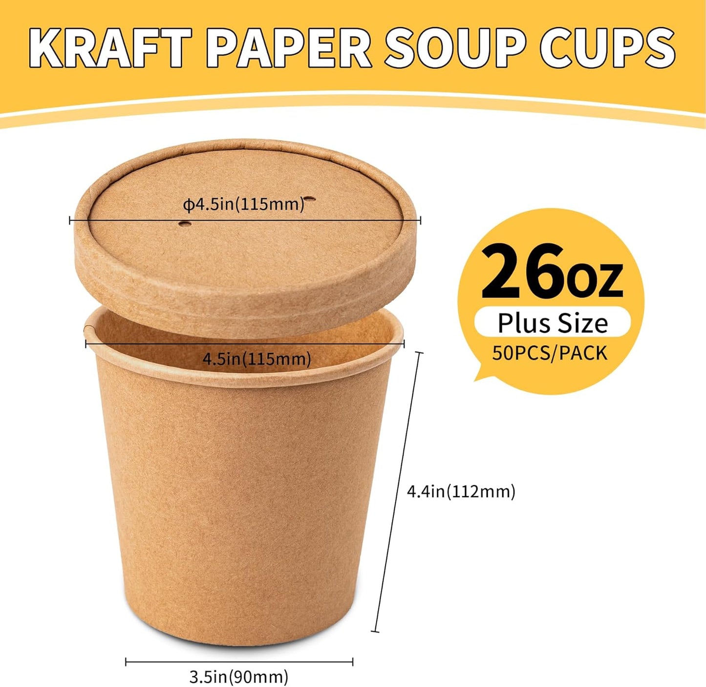 Paper Soup Bowls with Lids, Disposable Ice Cream Cups Kraft Paper Soup Bowls 26oz To Go Soup Containers with Lids for Hot Soups, Food Storage, Ice Creams(10 Sets, 26 oz)