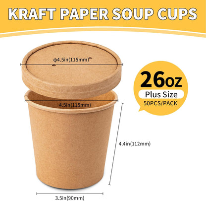 Paper Soup Bowls with Lids, Disposable Ice Cream Cups Kraft Paper Soup Bowls 26oz To Go Soup Containers with Lids for Hot Soups, Food Storage, Ice Creams(10 Sets, 26 oz)