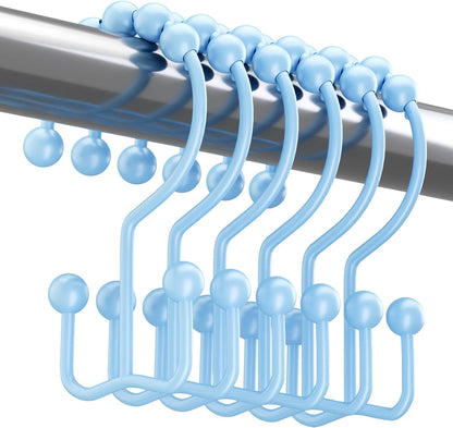 Titanker Shower Curtain Hooks, Rust Resistant Shower Curtain Rings for Bathroom, Metal Double Glide Shower Hooks Hangers for Bathroom Shower Rods Curtains, Set of 12 Hooks - Blue