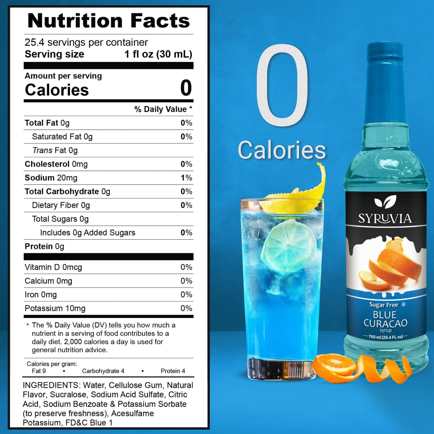 Syruvia Sugar Free Blue Curacao Syrup, Flavored Syrup for Cocktails, Drinks, Lemonades, Iced Teas, and Desserts – 25.4 fl oz