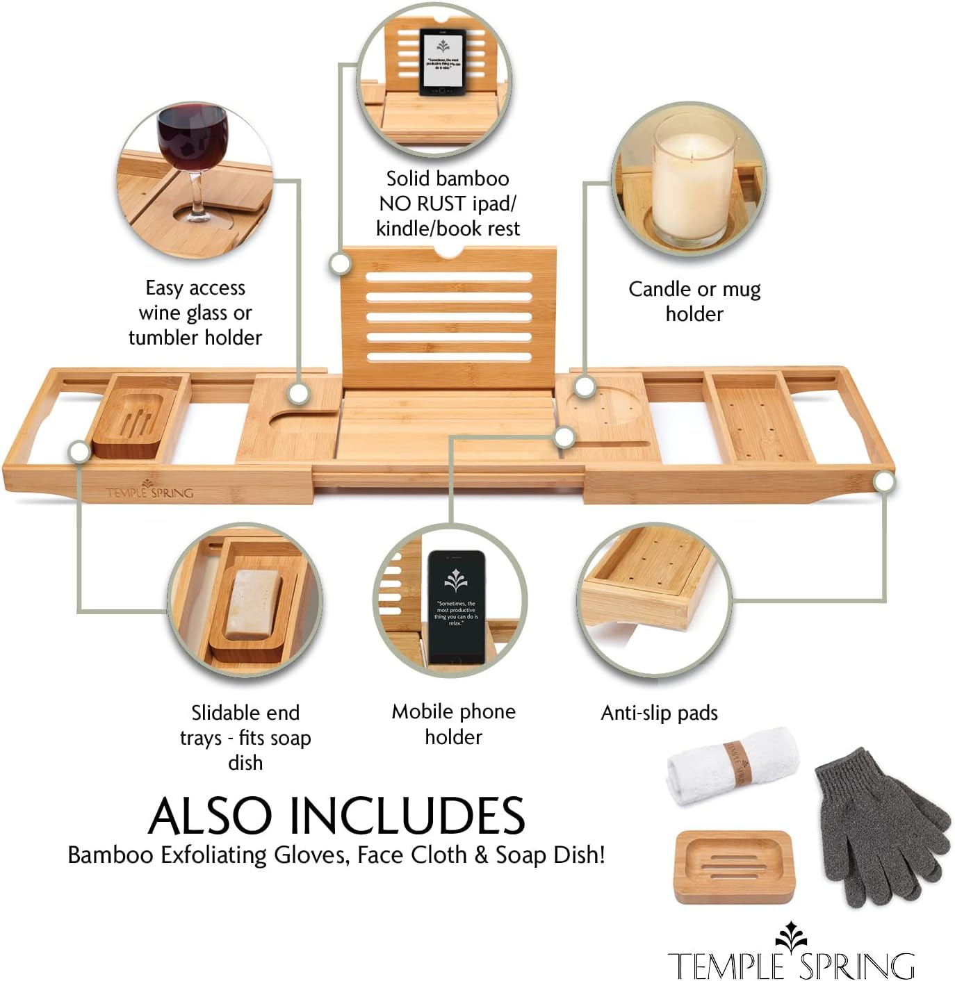 Temple Spring Wooden Bathtub Tray, Bamboo Bathroom Accessories, Bath Tray for Tub, at Home Spa Essentials, Board for Tub Table, Bath Caddy for Bathtub Accessories & Bathroom Essentials – Natural