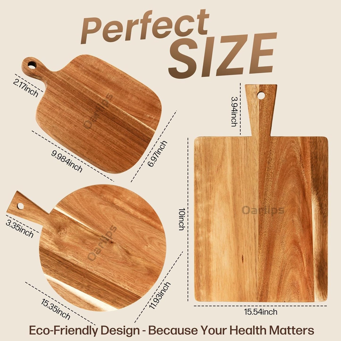 Acacia Wood Cutting Board 3 Pack with Handles, Wooden Charcuterie Boards Set for Kitchen - Round, Rectangular, and Small Paddle Serving Trays for Cheese, Meat, Pizza, Bread, and Fruits