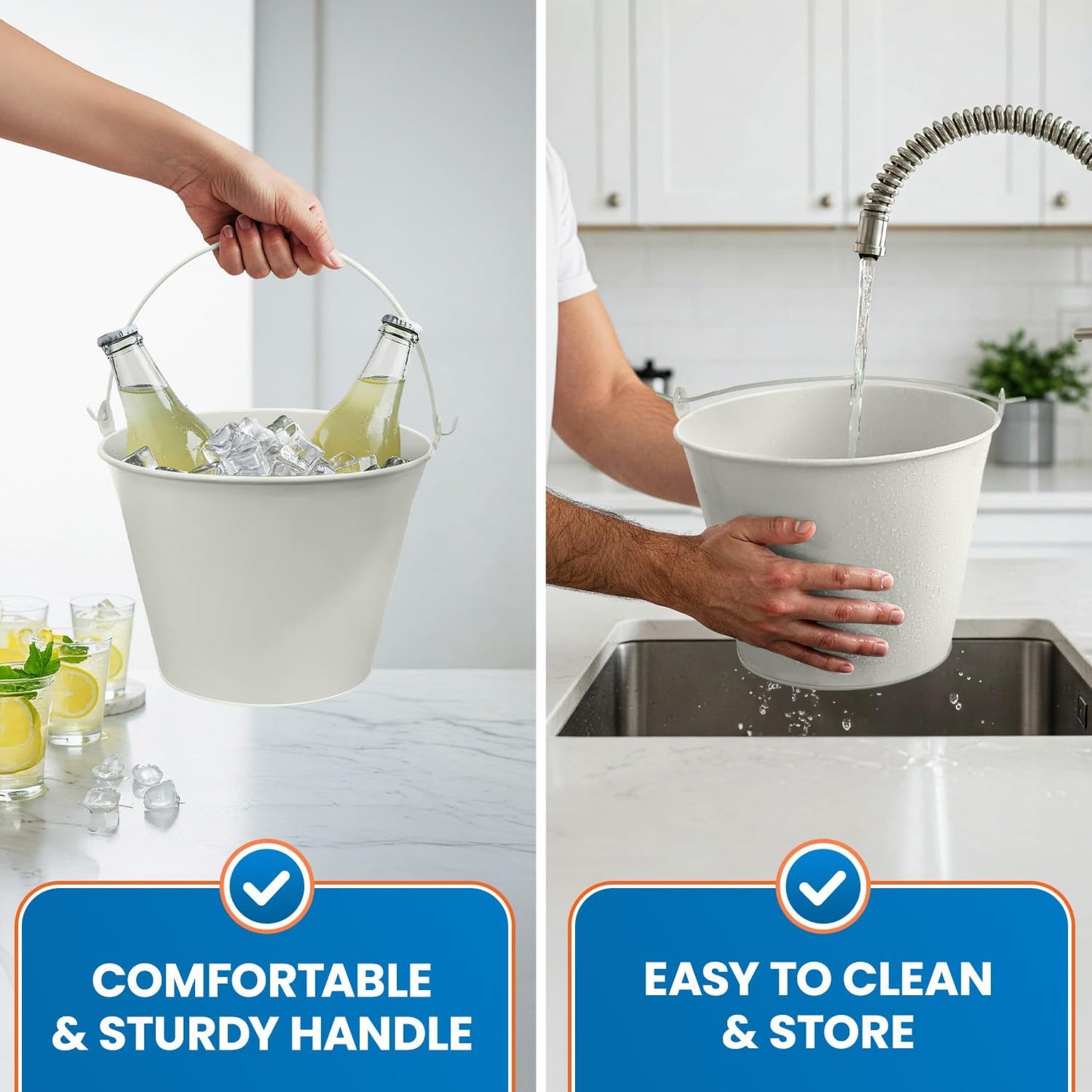 PLEXON Galvanized Metal Ice Bucket for Parties Coctail Bar Restaurant - Drink Beer Champagne Metal Pail Bucket with Handle, Beverage Chiller Cooler Small 1.3 Gallon, Off-White, Set of 6