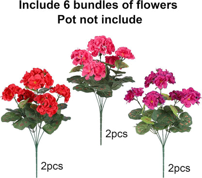 Artificial Geranium Fake Flowers for Outdoors Decoration, 6 Bundles Silk Geraniums Flower UV Resistant Look Real Faux Plants for Front Door Garden Porch Planter Patio Balcony Yard Indoor Home, Mix