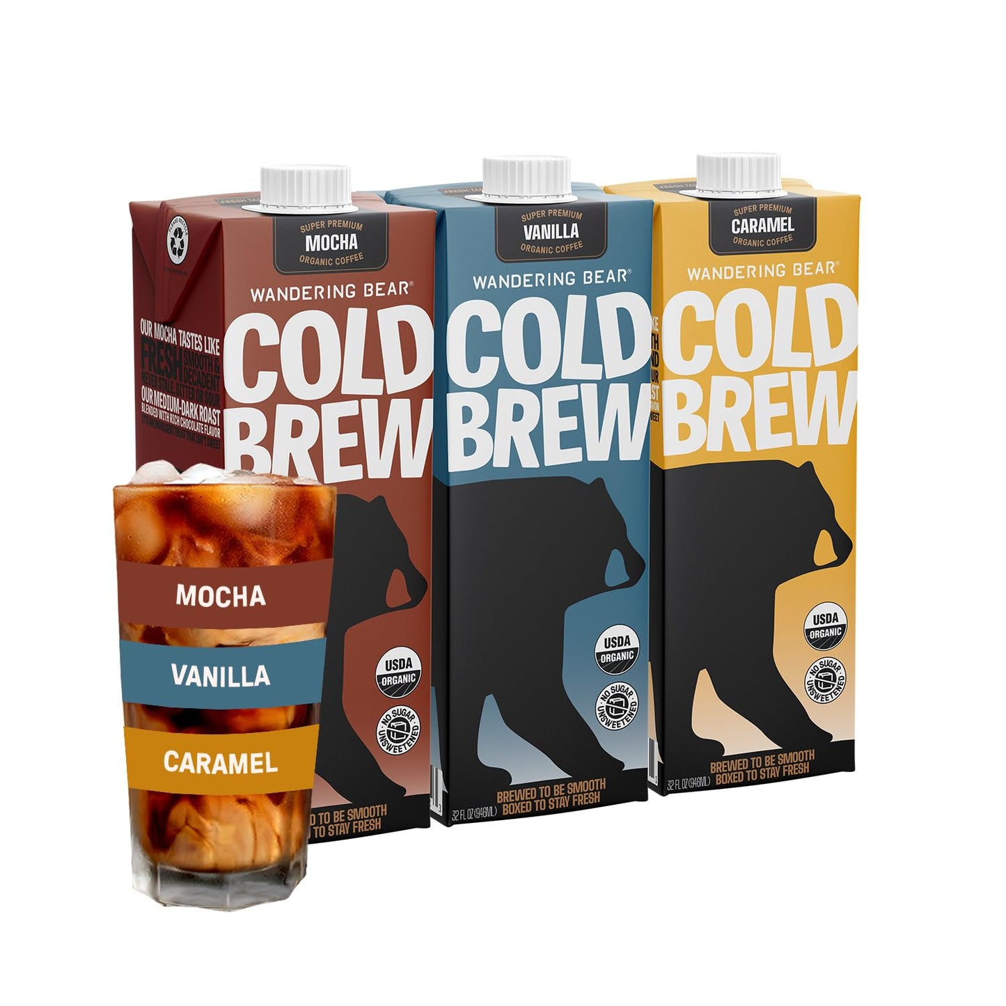 Wandering Bear Organic Cold Brew Coffee Variety Pack - Extra Strong, Bold, Smooth, Unsweetened, Shelf-Stable, Ready to Drink, Iced Cold Brewed Coffee Drink - 32 fl oz (3pk - Vanilla, Caramel, Mocha)