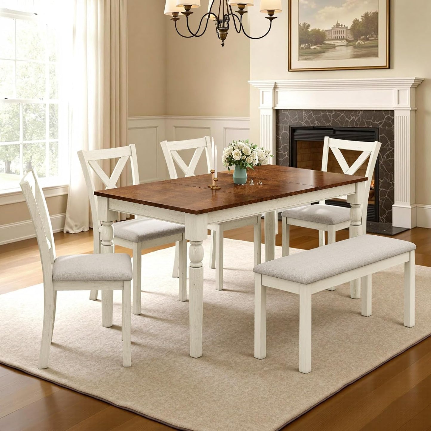 6-Piece Solid Wood Dining Table Set, Upholstered Chair w/Bench Seat, Seating for 6,60'' Farmhouse Wood Kitchen Chairs Set for Living Room, Dining Room, Kitchen, Cream White