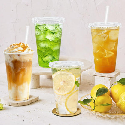 100 Pack 20 oz Plastic Cups with Lids and Straws Sturdy Food Safe Iced Clear Coffee Cups Disposable Smoothie Cups for Cold Drinks