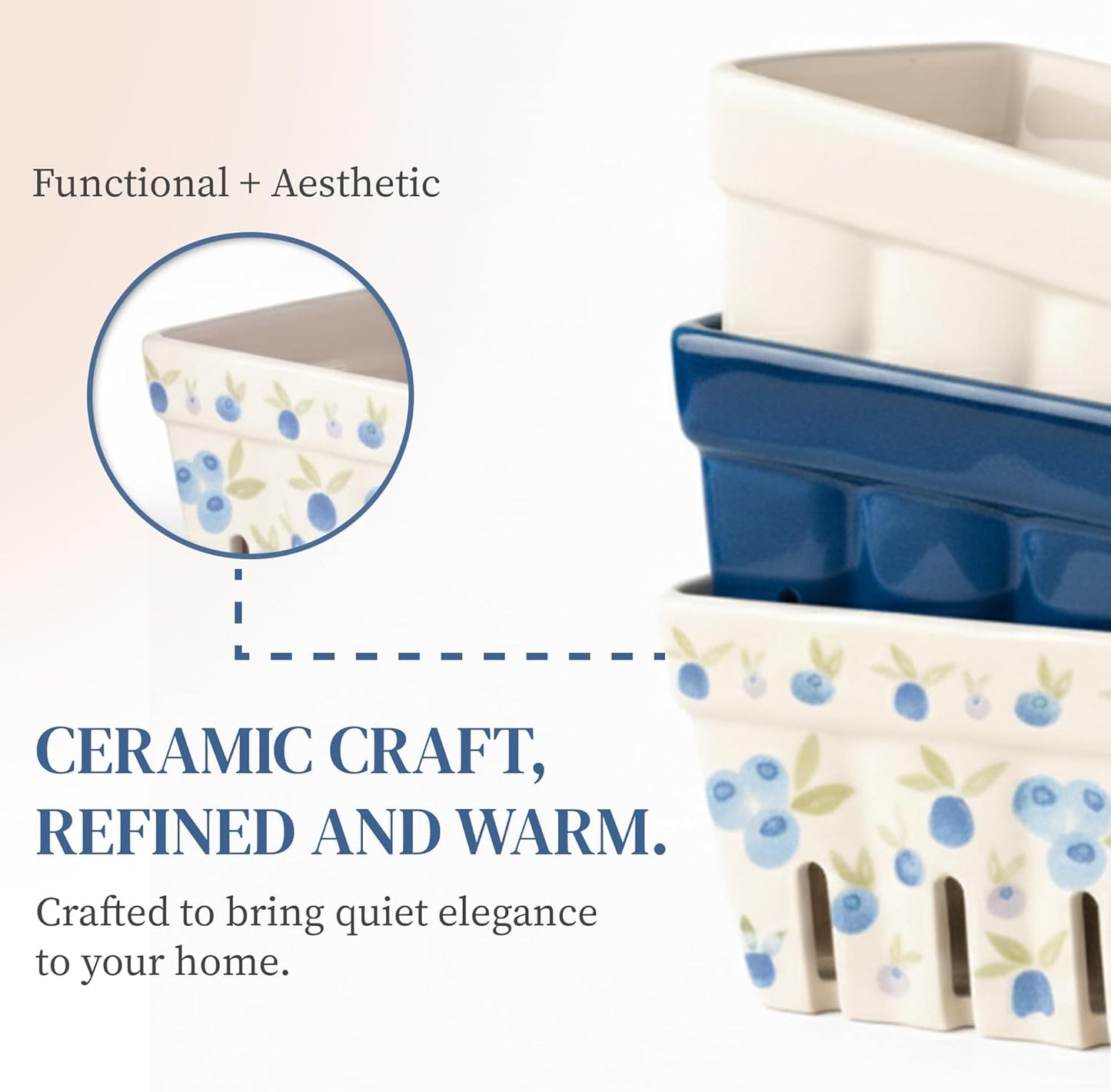 Ceramic Berry Basket, Farmhouse Colander, Farmers Market square Bowl. Rustic Kitchen decor fruit bowls, Fruit Baskets, Bleu White and Blueberry pattern Stoneware Harvest Bowls Set of 4