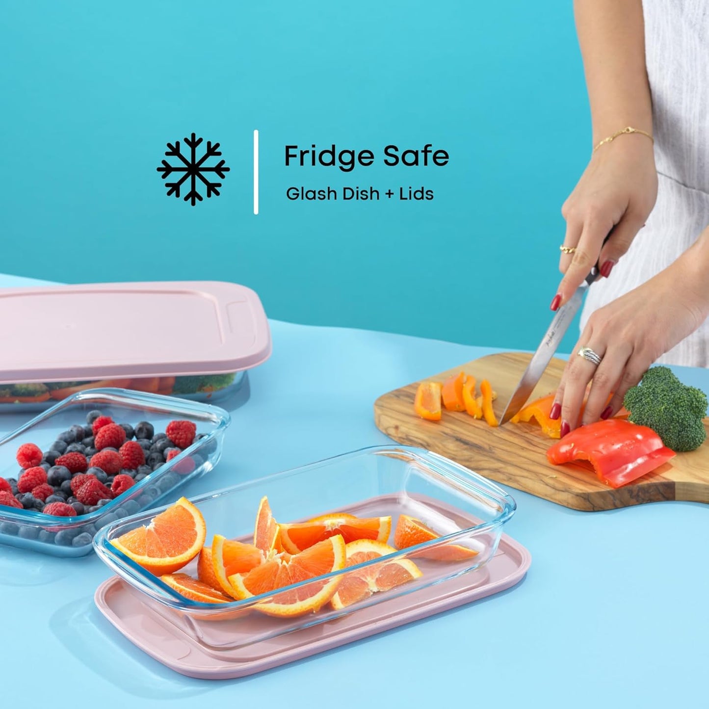 JoyJolt 8-Piece Borosilicate Glass Oven Dishes with Blushy Pink Lids, Rectangle Deep Glass Baking Dish Set, Baking Pans for Lasagna Casserole Cake, Bakeware Set, Freezer to Oven Tray to Dishwasher