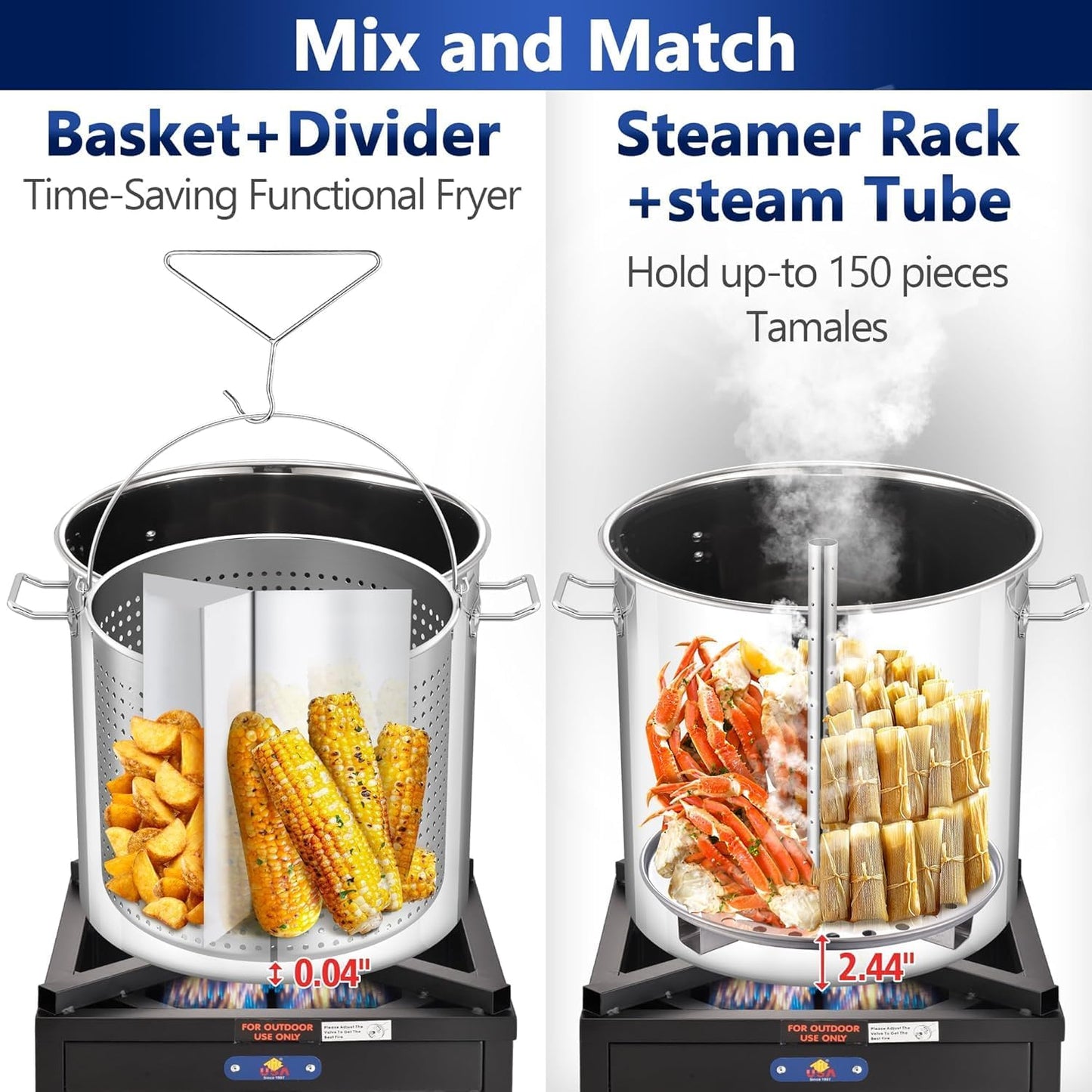 ARC 64quart Large Stainless Steel Stockpot with 48 inch Mixing Paddle for Seafood Boiler Crawfish Pot with Basket and Steam Rack, Stir Paddle for Large Batch Cooking Crab Lobster Shrimp, and Tamales