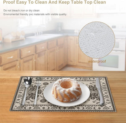 Vintage Floral Placemats Set of 6, 12x18 Inch Rustic Boho Persian Carpet Turkish Tribal Bohemia Holiday Farmhouse Coffee Table Mats for Party Kitchen Dining Decoration