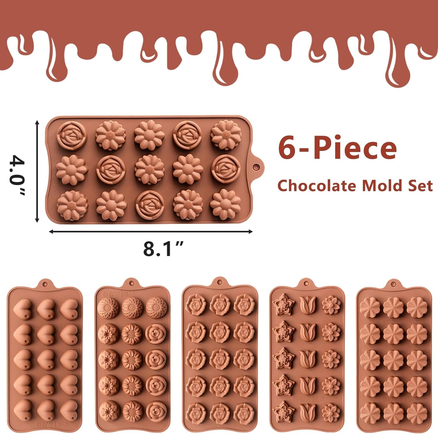 6 Pack Flower Shape Chocolate Candy Molds Silicone, Food-Grade Non-Stick Jello & Baking Molds, Crayon Molds, BPA-Free, Including Heart, Rose, Tulip, Daisy, Sunflower, and Other Flowers (Brown)