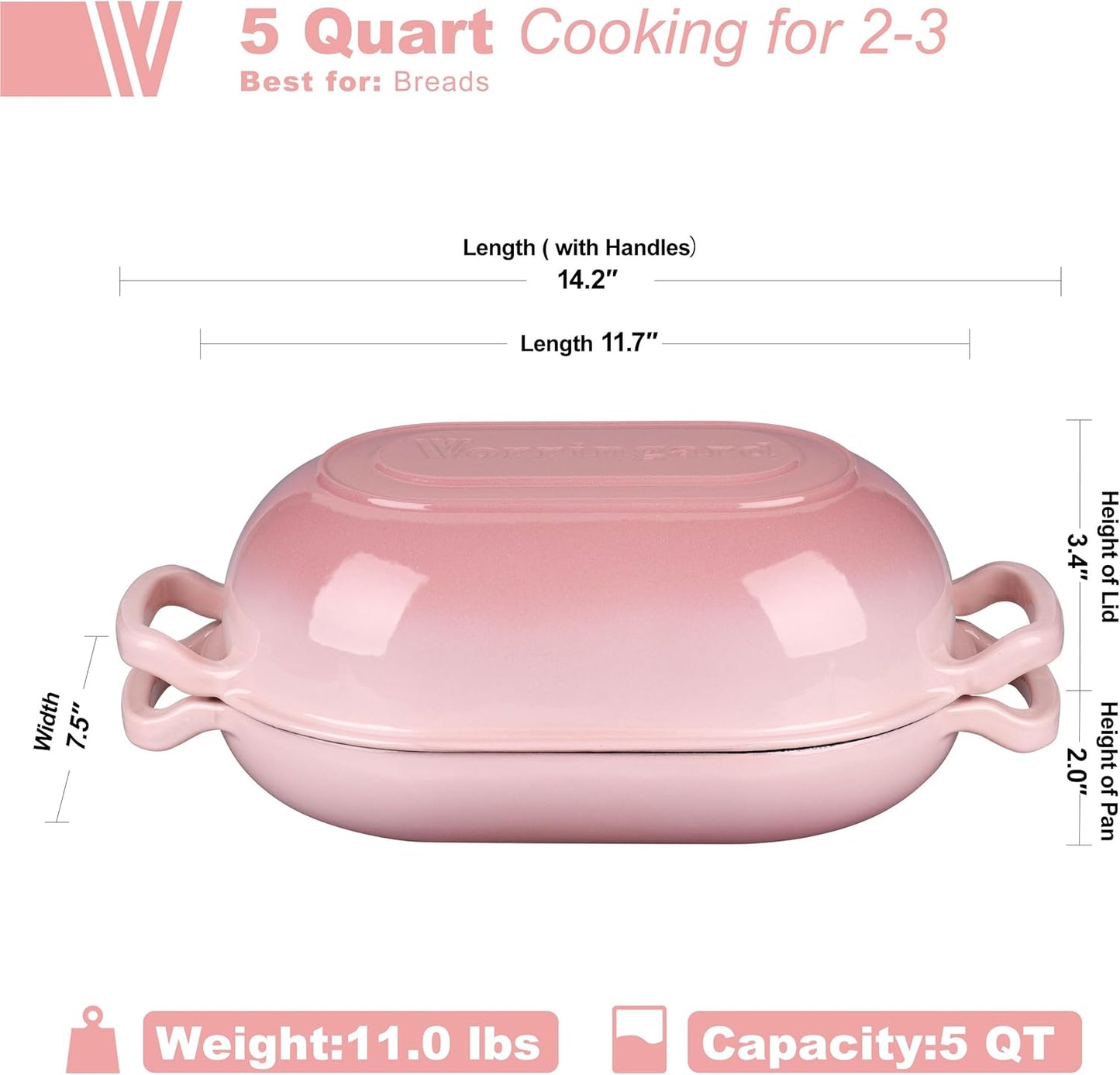 Enameled Cast Iron Sourdough Bread Oven, Dutch Oven, Loaf Cast Iron Bread Pan for Homemade Bread Baking, Meatloaf Pan with Lid, 5QT, Pink