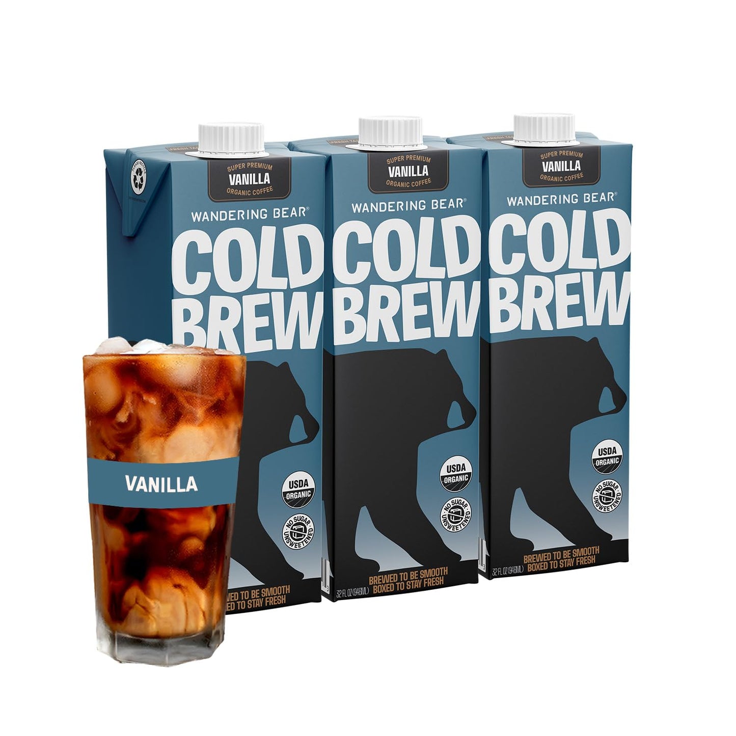 Wandering Bear Organic Vanilla Cold Brew Coffee - Extra Strong, Bold, Smooth, Unsweetened, Shelf-Stable, Ready to Drink, Gluten Free, & Vegan Iced Cold Brewed Coffee Drink - 32 fl oz, 3 pack