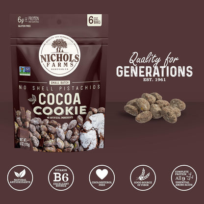 Nichols Farms Pistachios - Fresh Roasted No Shell Pistachio - Nutrient Rich Nuts Snack Packs - Non-GMO, California Grown - Healthy, Wonderful Tasting, Party Snack - (Cocoa Cookie)