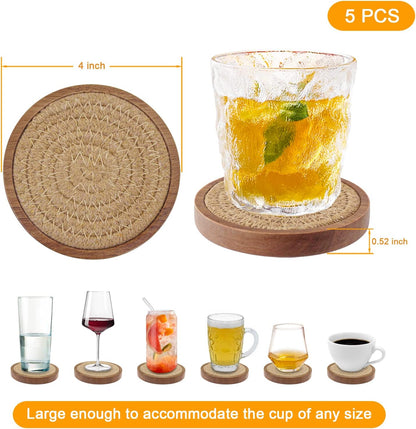 Woven Coasters Set of 5, Wooden Coasters with Holder for Coffee Table, Housewarming Gift for Farmhouse Home Decor, 4 inches