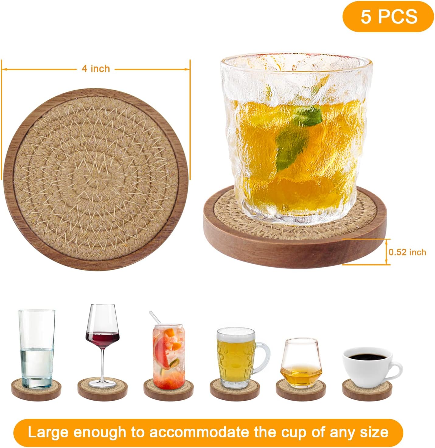 Wood Coasters for Drinks, Eykao Absorbent Coaster Sets of 5, Woven Drink Coasters for Coffee Table, Housewarming Gift for Farmhouse Home Decor,4 inches