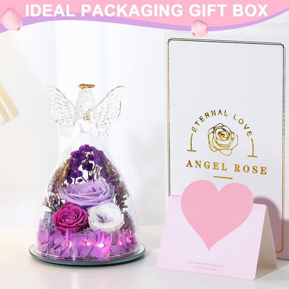 Christmas Rose Gifts for Women Preserved Real Flower in Glass Angel Figurines Roses for Delivery Prime Birthday Gifts for Mom Grandma Girlfriend Wife Her, Light Purple Austin Roses