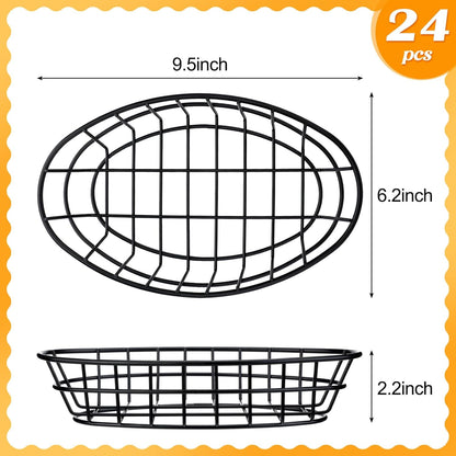 Hushee 24 Pcs Black Wire Bread Basket 9. 5 x 6. 2 x 2. 2 Inch Oval Metal Dinner Roll Baskets Storage with 100 Sheets Deli Wrappers Paper for Kitchen Table Fast Food