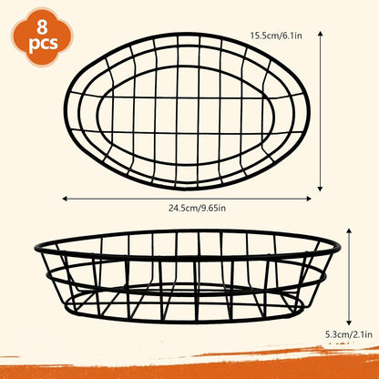 8 Pcs Wire Bread Basket 9.65 x 6.1 x 2.1 IN Oval Metal Dinner Roll Baskets for Serving Fruit Bowl Basket Storage with 50 Sheets Deli Wrappers Paper for Kitchen Table Fast Food Burger