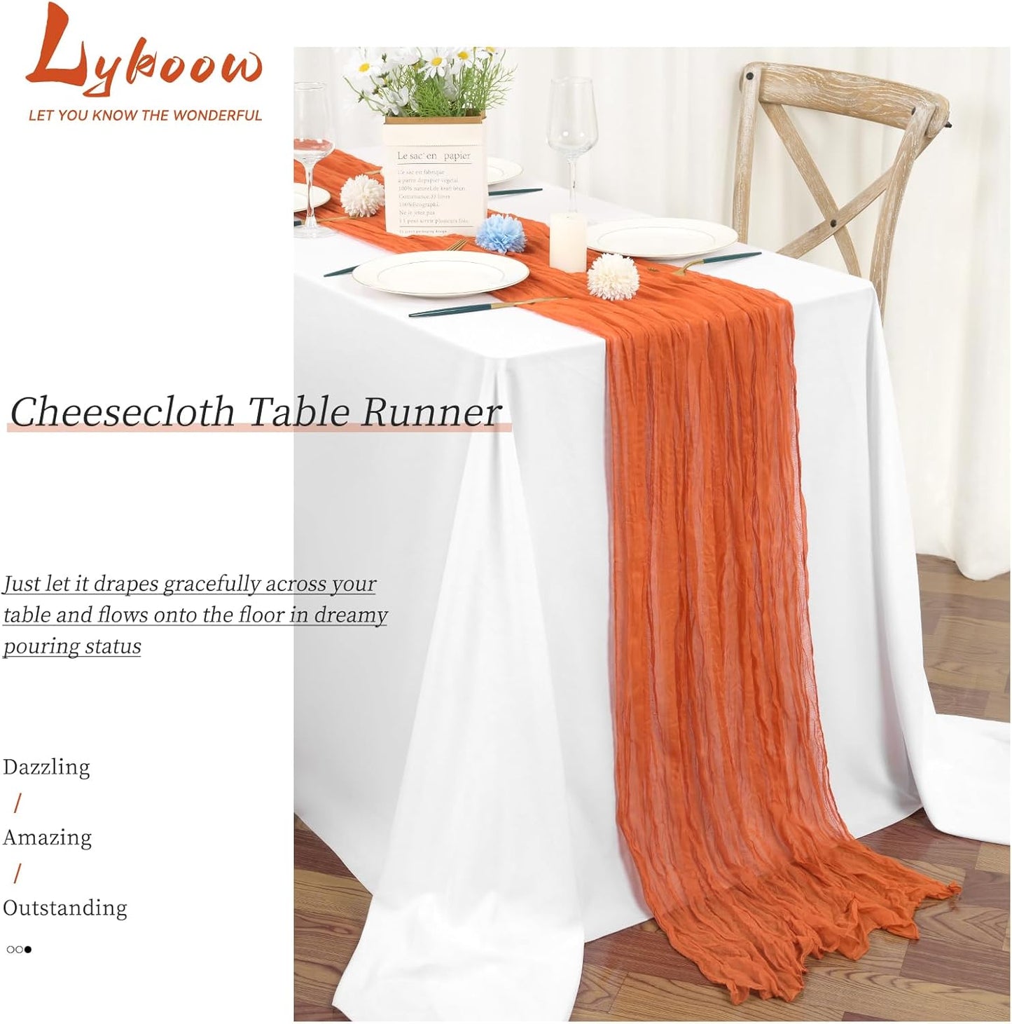 15 Packs Cheesecloth Table Runner Orange, 10 Ft Burnt Orange Table Runner for Wedding, Rustic Gauze Boho Decoration for Wedding Party Bridal Shower,21.5x120in