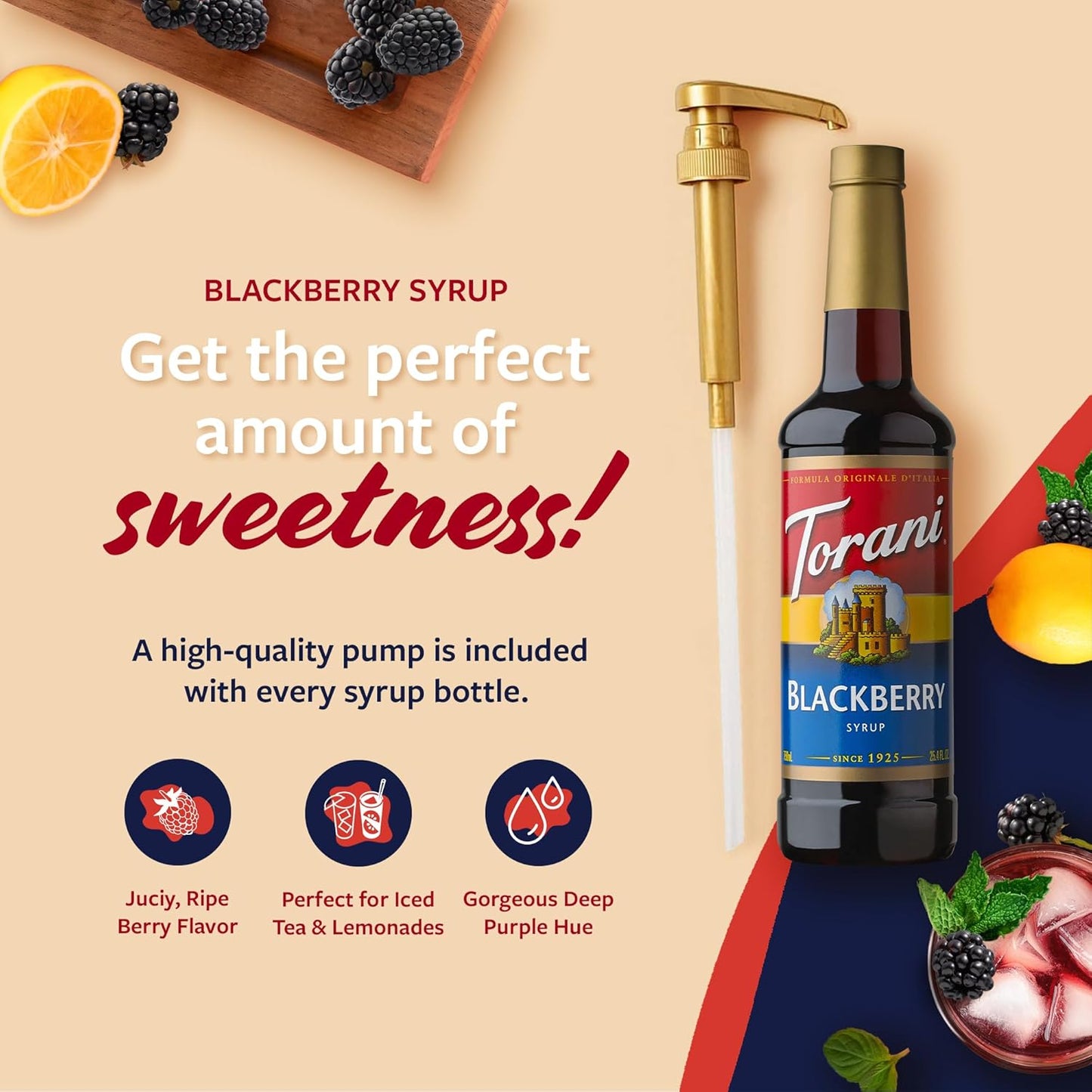 Torani Blackberry Syrup for Drinks, Flavoring for Iced Tea, Lemonade, and Sodas, Pump Included, 25.4 Oz