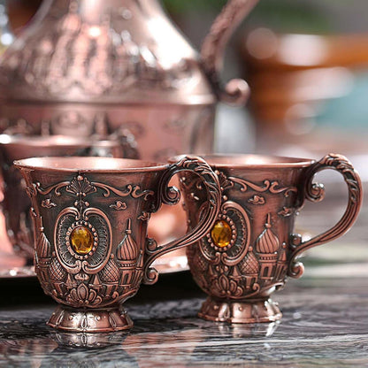 Vintage Turkish Coffee Pot Set for 6 Including Tray and Teapot,Metal Cups,Teapot and Cup Set for One,Tea Service Set for Home Tea Table Decor,Wedding Ornaments(Copper)