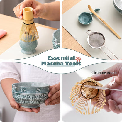 Matcha Tea Set, 8 Pcs Japanese Matcha Kit with Cherry Blossom and Wave Design Ceramic Bowl, Bamboo Whisk, Whisk Holder, Scoop, Sifter, Brush, Matcha Kit Set for Matcha Lovers (Blue)