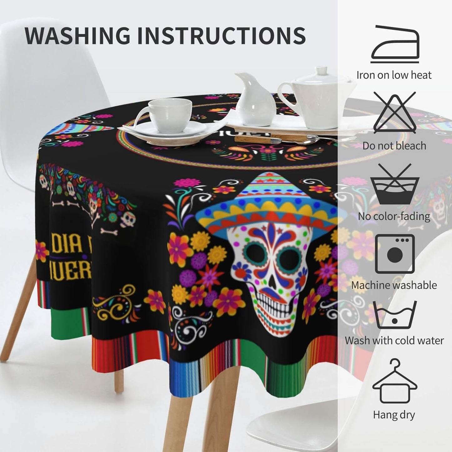 Mexican Round Tablecloth, Traditional Colorful Skull Floral Dia De Los Muertos Azulejo Mosaic Mexico Water Resisitant Table Cover for Dining Kitchen Living Room Home Party Holiday Decor 70 inch Round