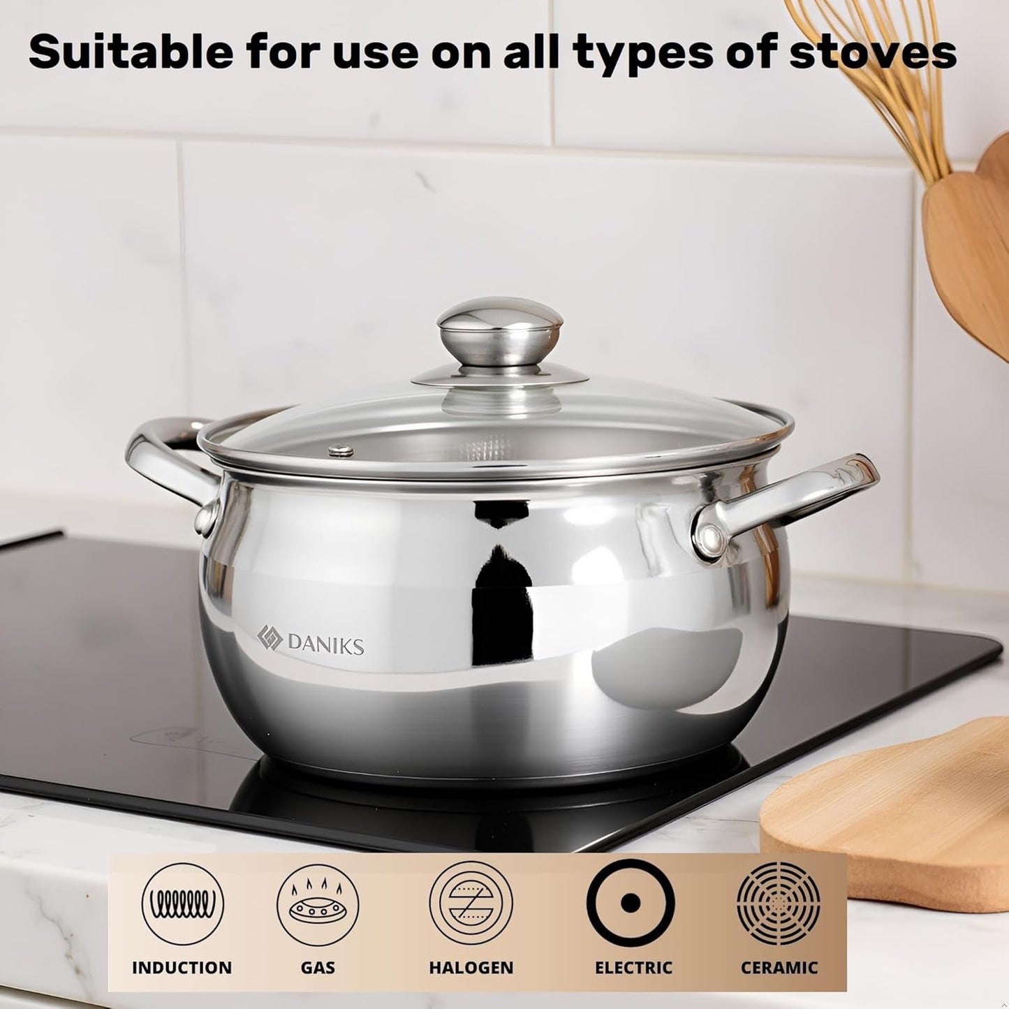 Daniks Classic 4 Quart Stainless Steel Stock Pot with Glass Lid, Tri-Ply Bottom for Even Heating, Induction Compatible, Dishwasher Safe