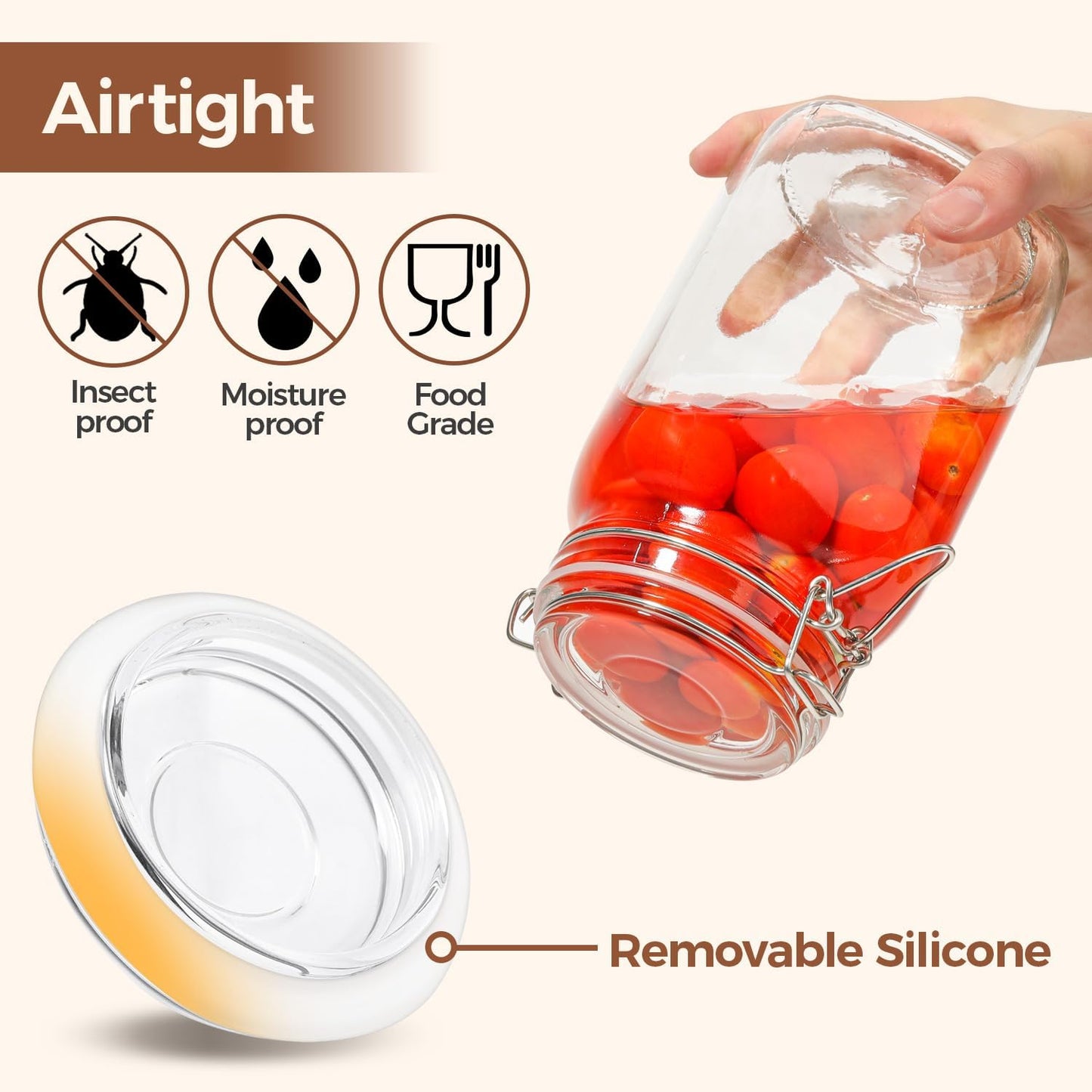 ComSaf Airtight Glass Canister Set of 3 with Lids 51oz Clear Food Storage Jars Square, Kitchen & Pantry Organization Food Storage Container for Canning, Sugar, Flour, Pasta, Candy, Cereal, Coffee