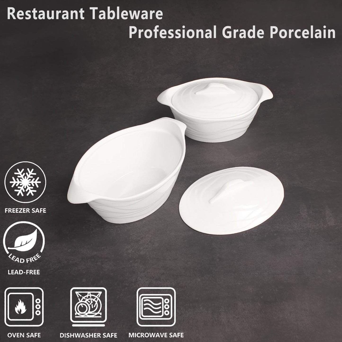 8" x 6" Ceramic Casserole Dish with Lids 31 Oz White French Soup Tureen Bakeware Set with Handle - 10 IN, Chip and Crack Resistant Baking Dish, Microwave, Dishwasher, Oven, Fridge Safe