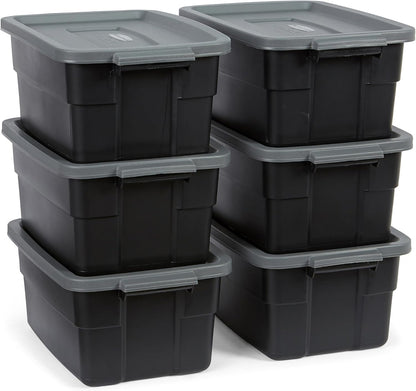 Rubbermaid 6-Pack Heavy Duty Durable 3 GAL Totes for Storage with Snap Lids and Handles, Plastic Storage Bins Stackable Black Gray for Home and Garage (3 GAL - 6 Pack Solid Black and Grey)