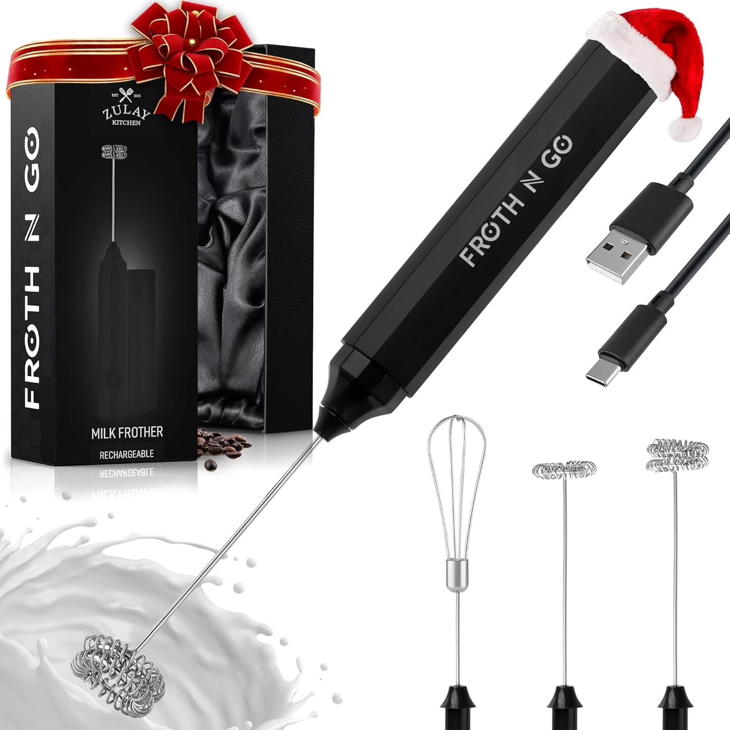 Zulay Froth N Go Milk Frother – Rechargeable 3-in-1 Handheld Frother Wand with Travel Case & USB-C Charger – Single, Double & Egg Whisk for Latte, Cappuccino, Matcha, Protein Shakes – Black