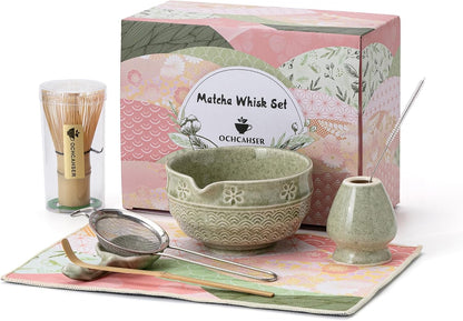 Matcha Tea Set, 8 Pcs Japanese Matcha Kit with Cherry Blossom and Wave Design Ceramic Bowl, Bamboo Whisk, Whisk Holder, Scoop, Sifter, Brush, Matcha kit Set for Matcha Lovers (Matcha Green)