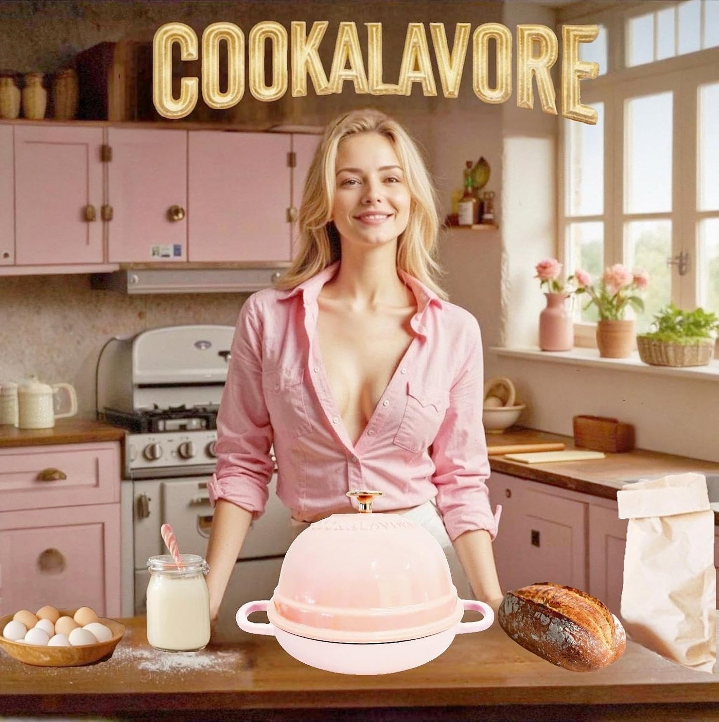 Dutch Oven for Bread Baking,6 Quart Enamel Bread Oven for Sourdough,10.5"Bread Oven with Lid,Bread Pans for Homemade Bread,Pink Thick Enamel Bread Pan-with Silicone Baking Mat&Recipe,Gifts for Family