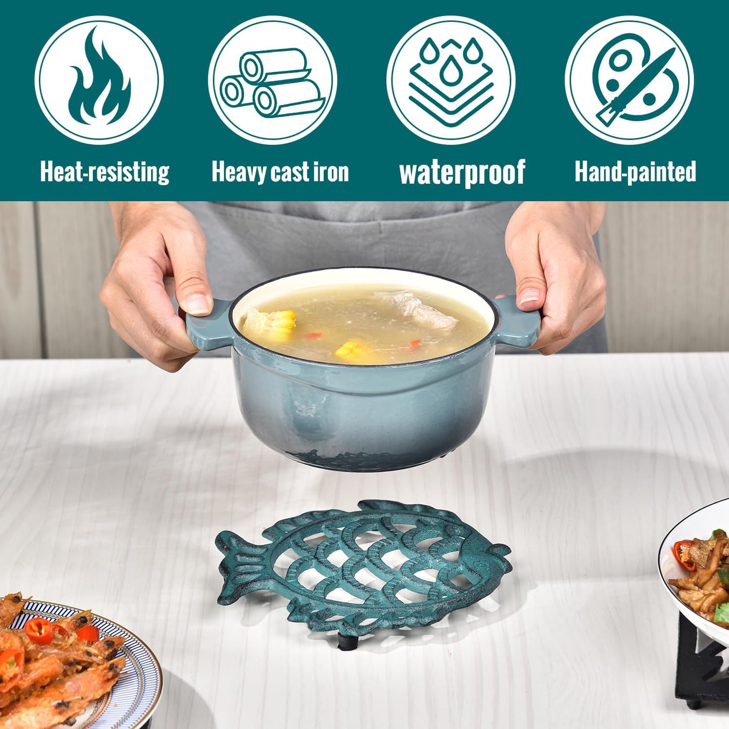 Sungmor Cast Iron Cute Fish Trivet for Wood Stove - Dia-7.5 Inch Dark Green Finish - Rustproof Round Stands for Hot Pots/Dishes/Pans - Decorative Metal Table Trivet for Kitchen Cooking