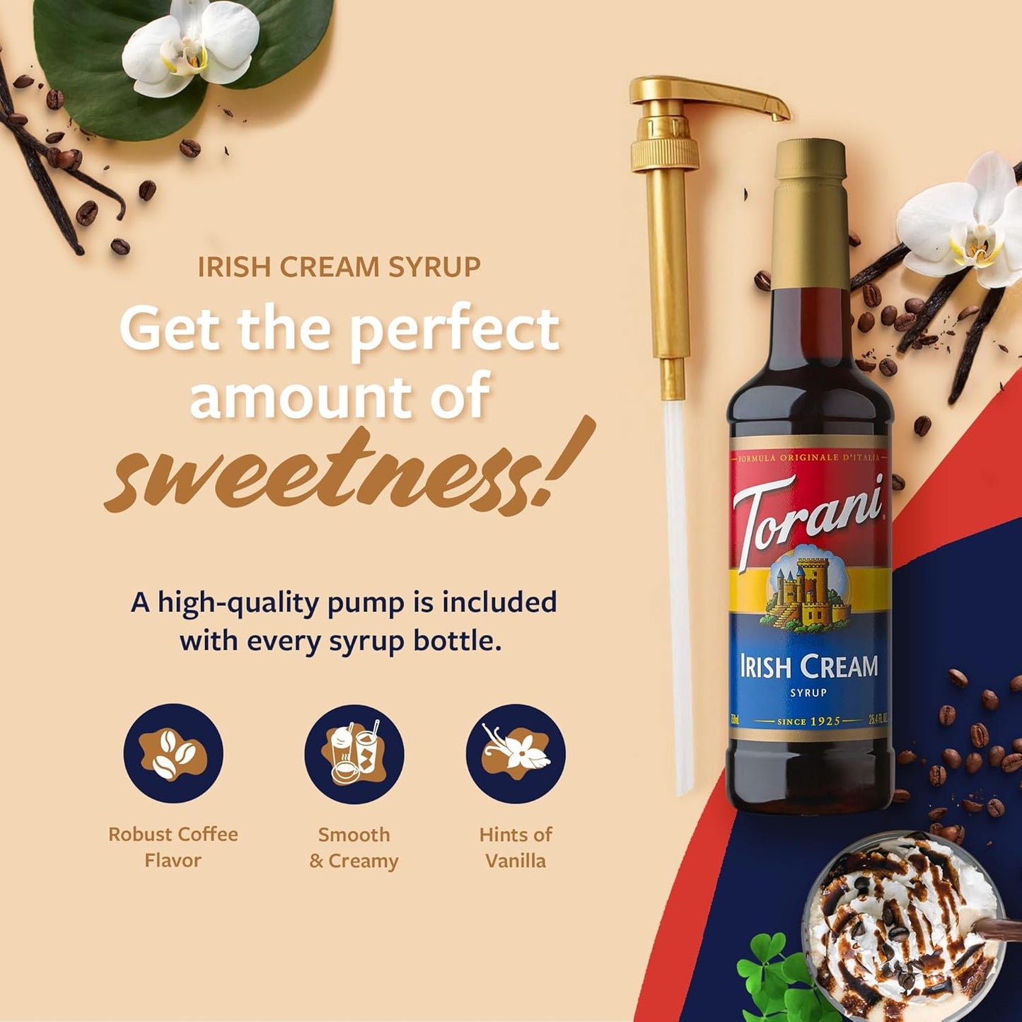 Torani Coffee Syrup, Irish Cream Flavored Syrup for Drinks, Pump Included, 25.4 Fl Oz