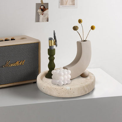 Travertine Tray, Small Ceramic Vanity Tray for Bathroom Counter Decor, Round Marble Decorative Trays for Coffee Table (Beige, Small Size)