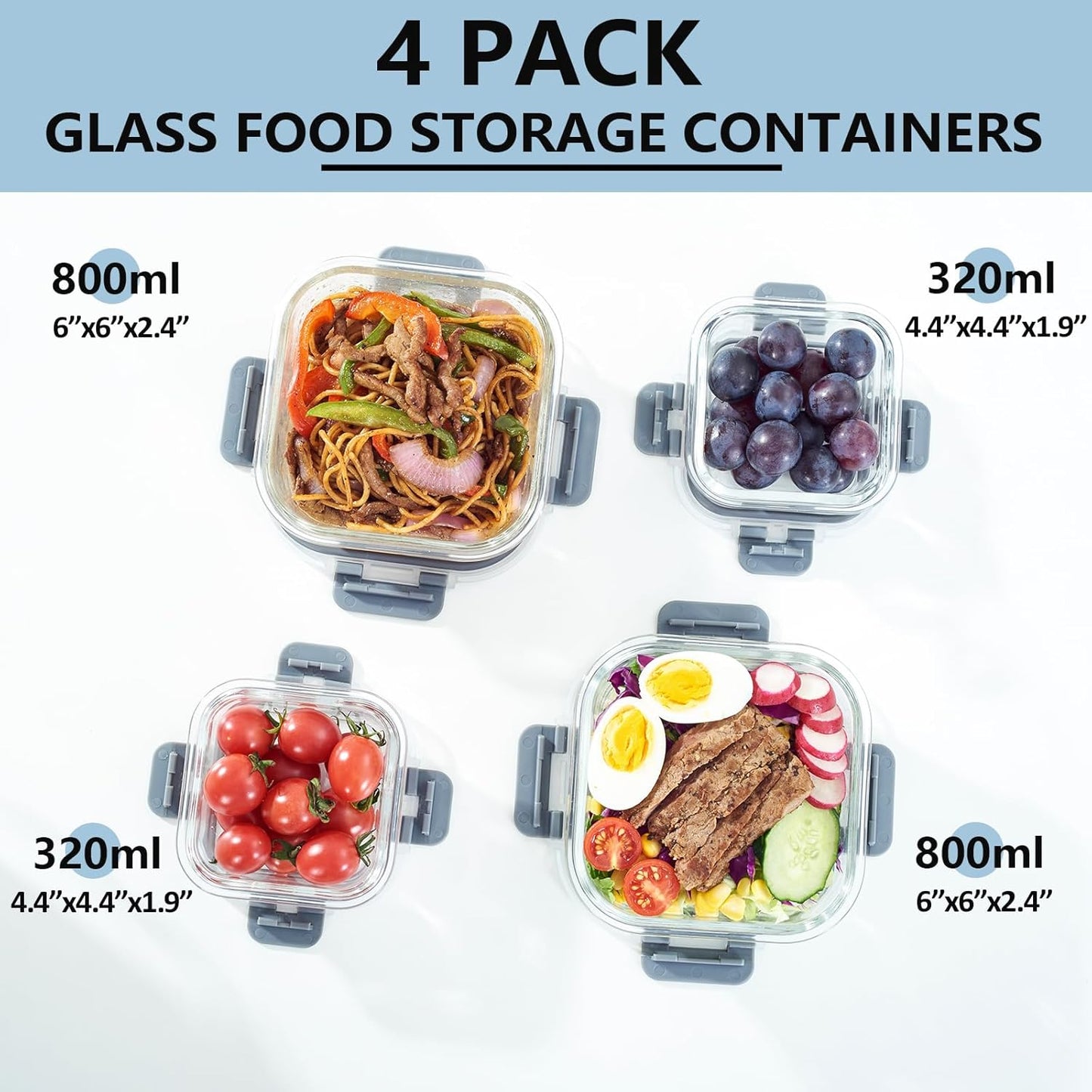 Glass Food Storage Containers with Lids, 4 Pack, Airtight, Leak Proof, BPA Free, Oven/Dishwasher Safe, Grey